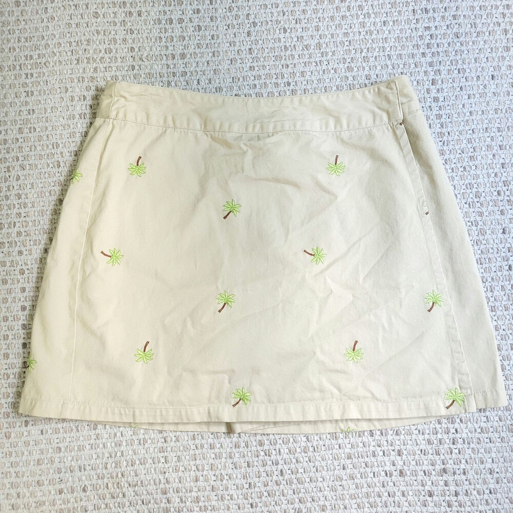 Basic Editions Womens 14 Khaki Tan Skirt Palm Trees 100% Cotton Mini Skort